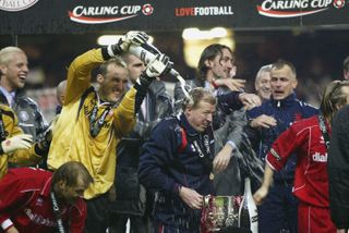 Middlesbrough players celebrate with manager Steve McClaren after the club's League Cup final win over Bolton Wanderers in 2004.