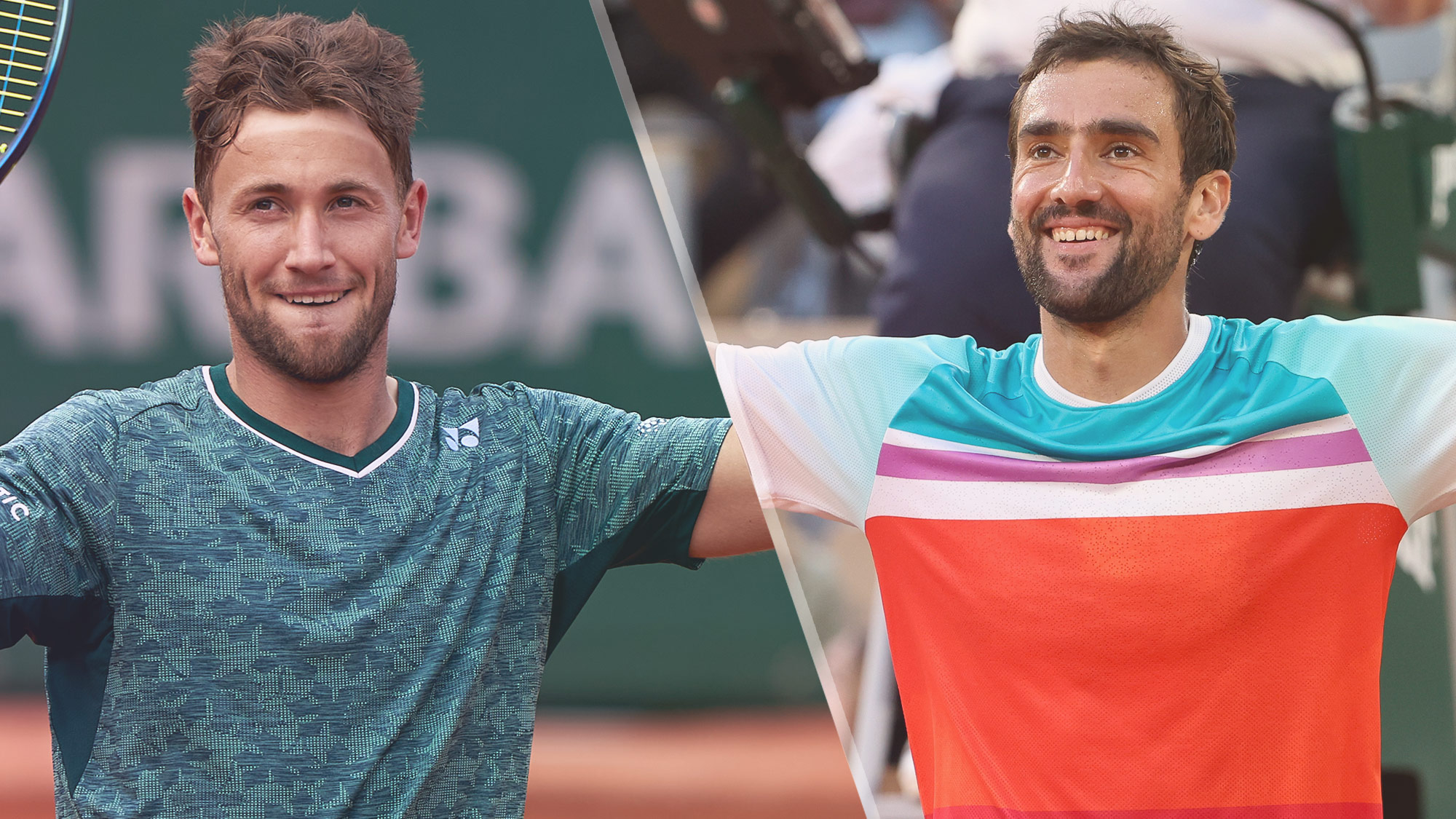 Casper Ruud and Marin Cilic in action at the French Open 2022 at Roland-Garros