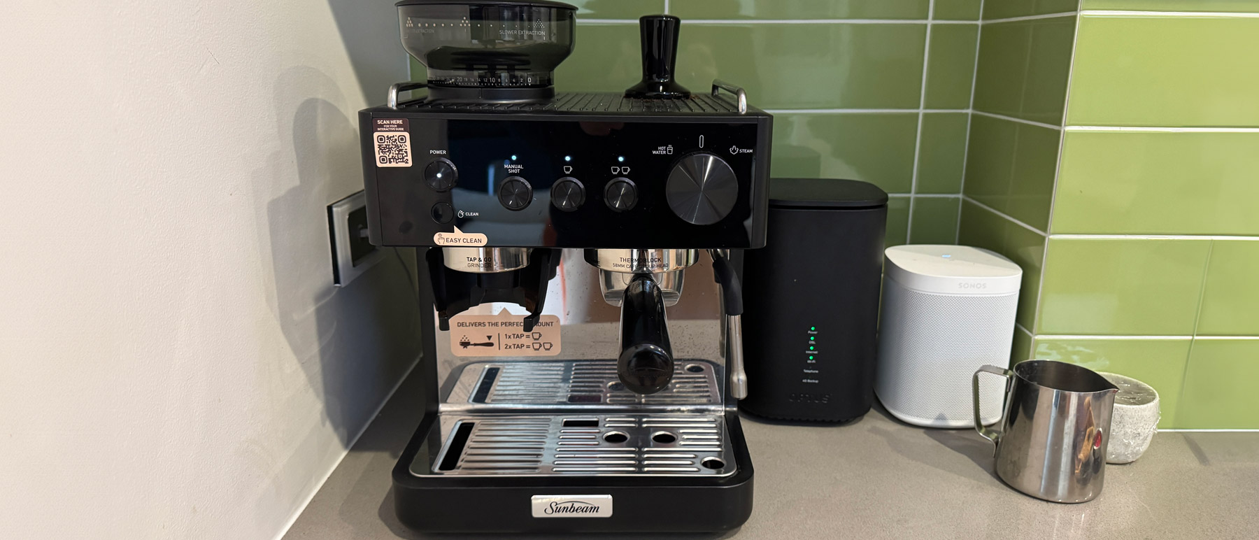 Sunbeam Origins Classic Espresso Machine on a kitchen counter