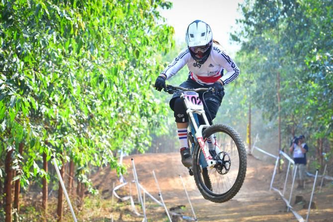 Britain's Tahnee Seagrave gets some impressive air time as she powered her way to a win in the Junior Women's Downhill World Championship final at the Cascades MTB Park in Pietermaritzburg on Friday.