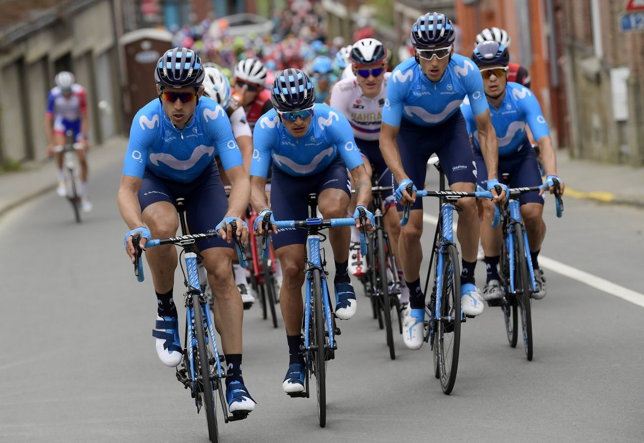 Movistar lead the peloton in support of Alejandro Valverde.