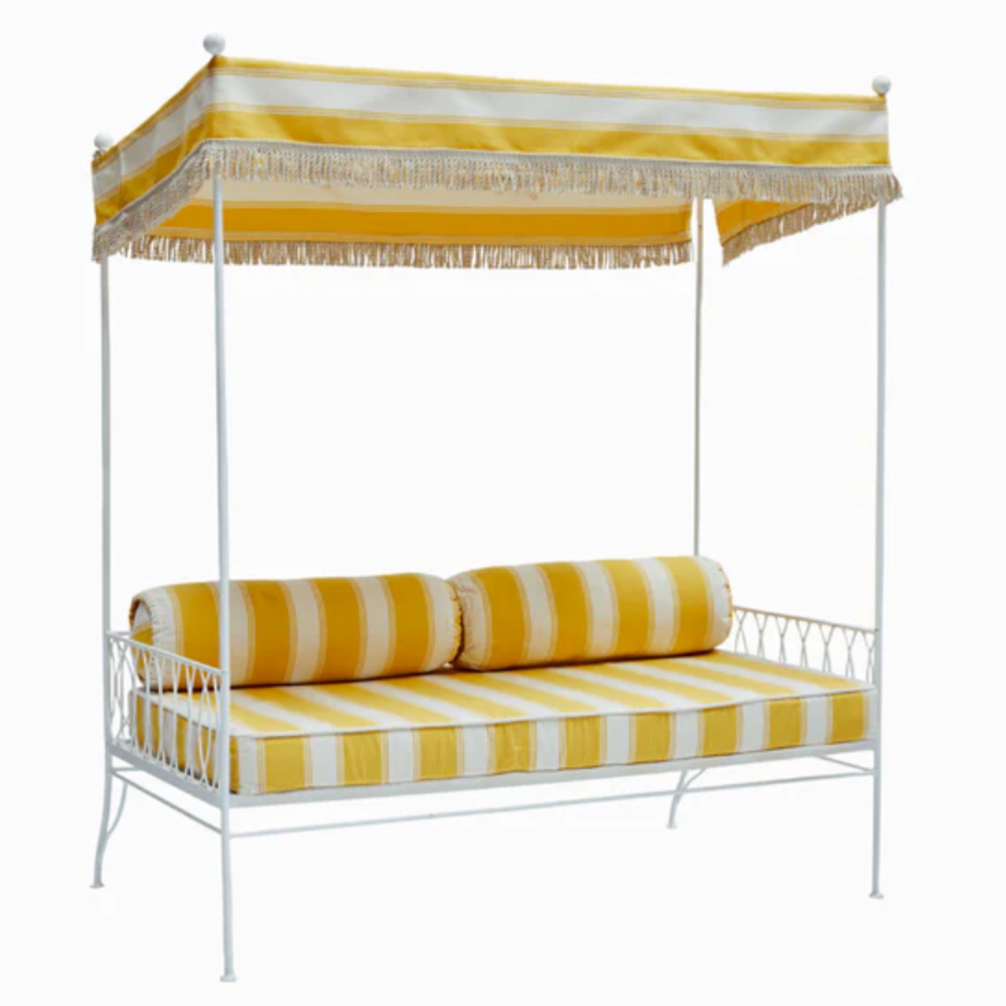 Yellow and white striped metal daybed with canopy