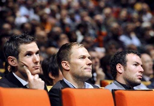 Fr&auml;nk Schleck, Thor Hushovd and Mark Cavendish at the Tour de France presentation