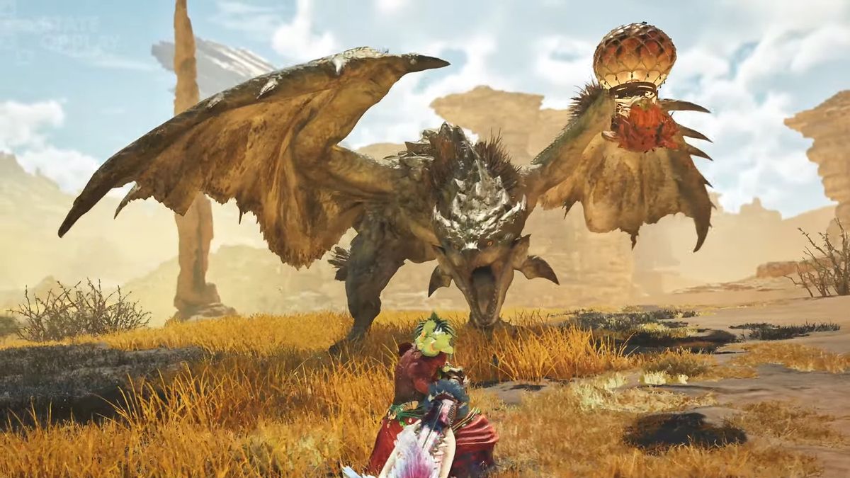 A Hunter faces off against a Rathalos in the Windward Plains region