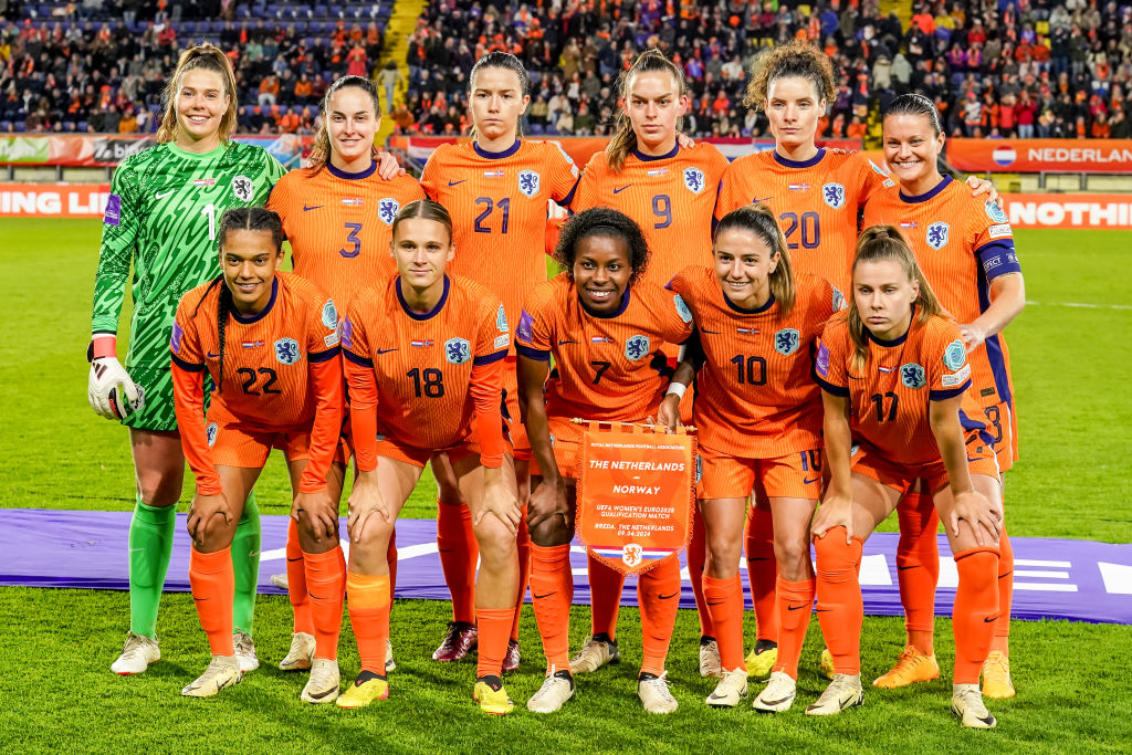 Team photo with goalkeeper Lize Kop of Netherlands, Caitlin Dijkstra of Netherlands, Lineth Beerensteyn of Netherlands, Sherida Spitse of Netherlands, Romée Leuchter of Netherlands, Daniëlle van de Donk of Netherlands, Victoria Pelova of Netherlands, Kerstin Casparij of Netherlands, Dominique Janssen of Netherlands, Damaris Egurrola of Netherlands, Esmee Brugts of Netherlands during the UEFA Women's Euro 2025 group A qualifying round day 2 match between Netherlands and Norway at Rat Verlegh Stadion on April 9, 2024 in Breda, Netherlands.