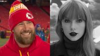 From left to right: Travis Kelce smiling during an interview with ESPN and Taylor Swift looking forward in the Fortnight music video.