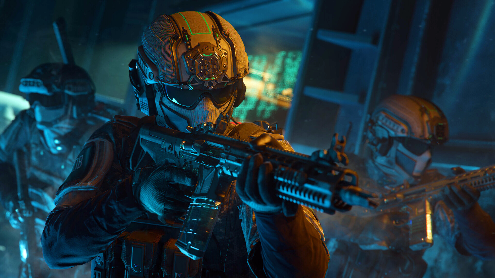 Black Ops 7 Mastery Camos: A close-up of three soldiers wearing tactical armour holding assault rifles at the ready while walking through a dark facility.