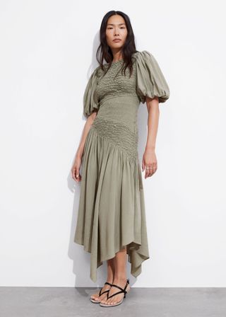 Smocked Asymmetric Midi Dress