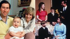 (L) A family portrait of Prince charles, Princess diana and a baby Prince William, (R) A portrait of Queen Elizabeth with Prince Philip and their children