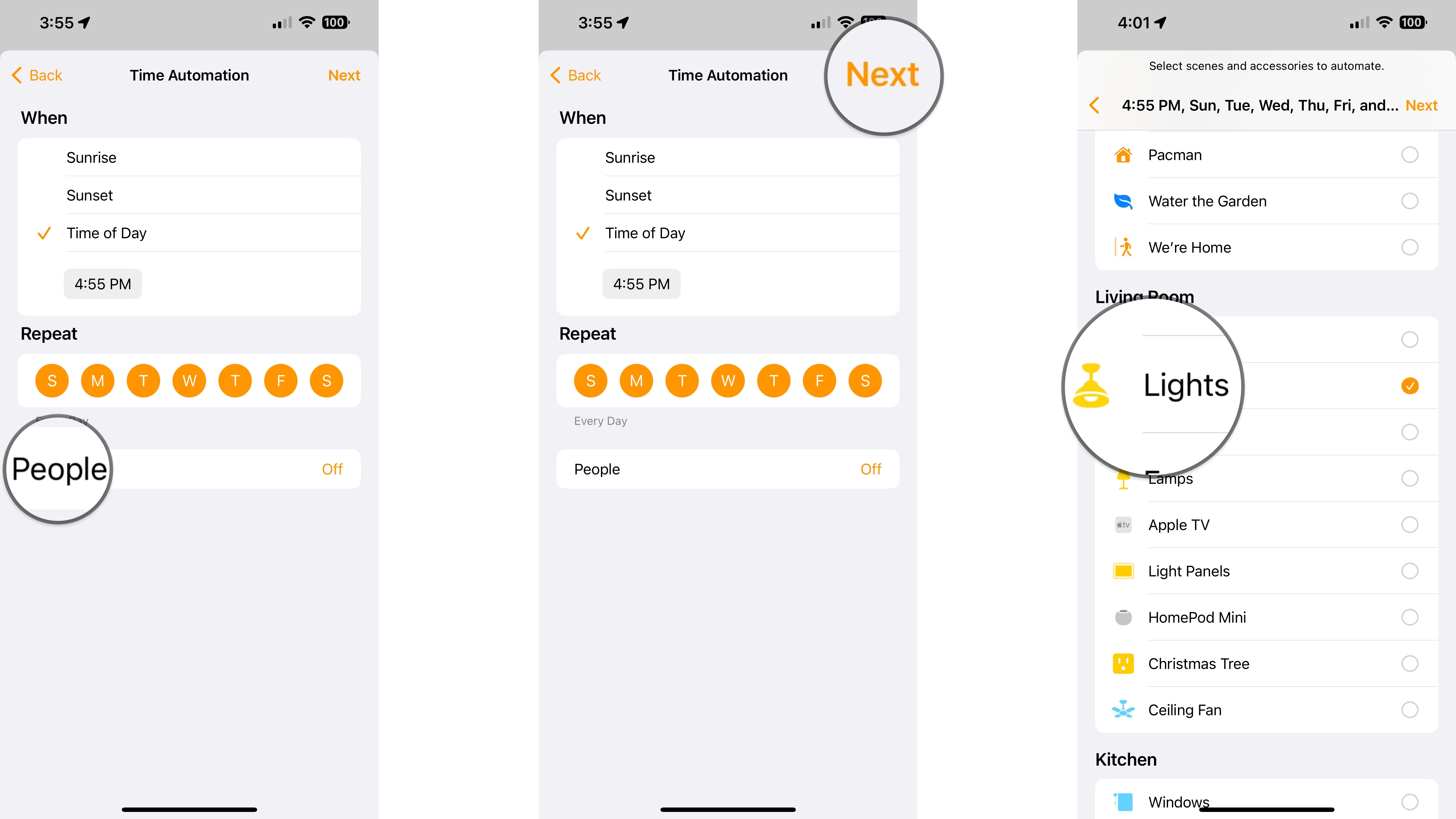 How to create a time automation in the Home app on the iPhone by showing steps: Tap People, Tap Next, Tap an Accessory or Scene.