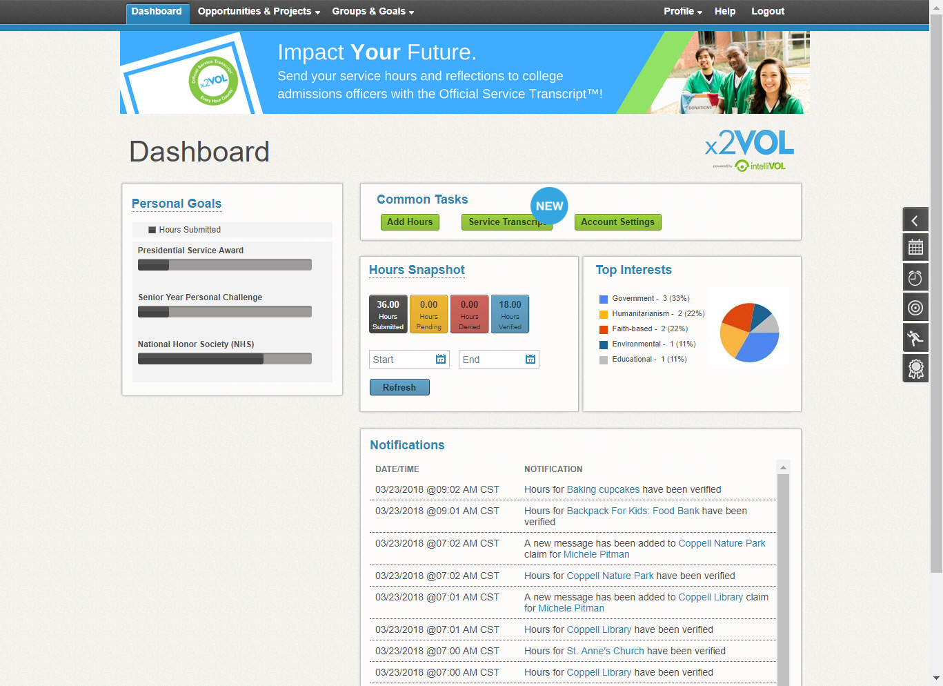 New from intelliVOL; x2VOL+ Tracks and Verifies Community Service so Teens Can Submit Hours for College Admissions and Scholarship Applications