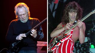 Left-Canned Heat guitarist Harvey "The Snake" Mandel performs with The Heroes of Woodstock at Route 66 Casino's Legends Theater on December 31, 2009 in Albuquerque, New Mexico; Right- Eddie Van Halen of Van Halen performs on the Diver Down tour at Madison Square Garden circa 1982 in New York, New York