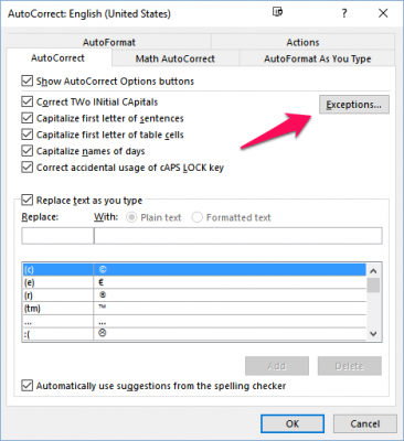 word autocorrections exceptions