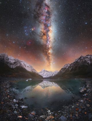 Milky way photographed above a glacier in Aoraki, Mount Cook National Park, New Zealand