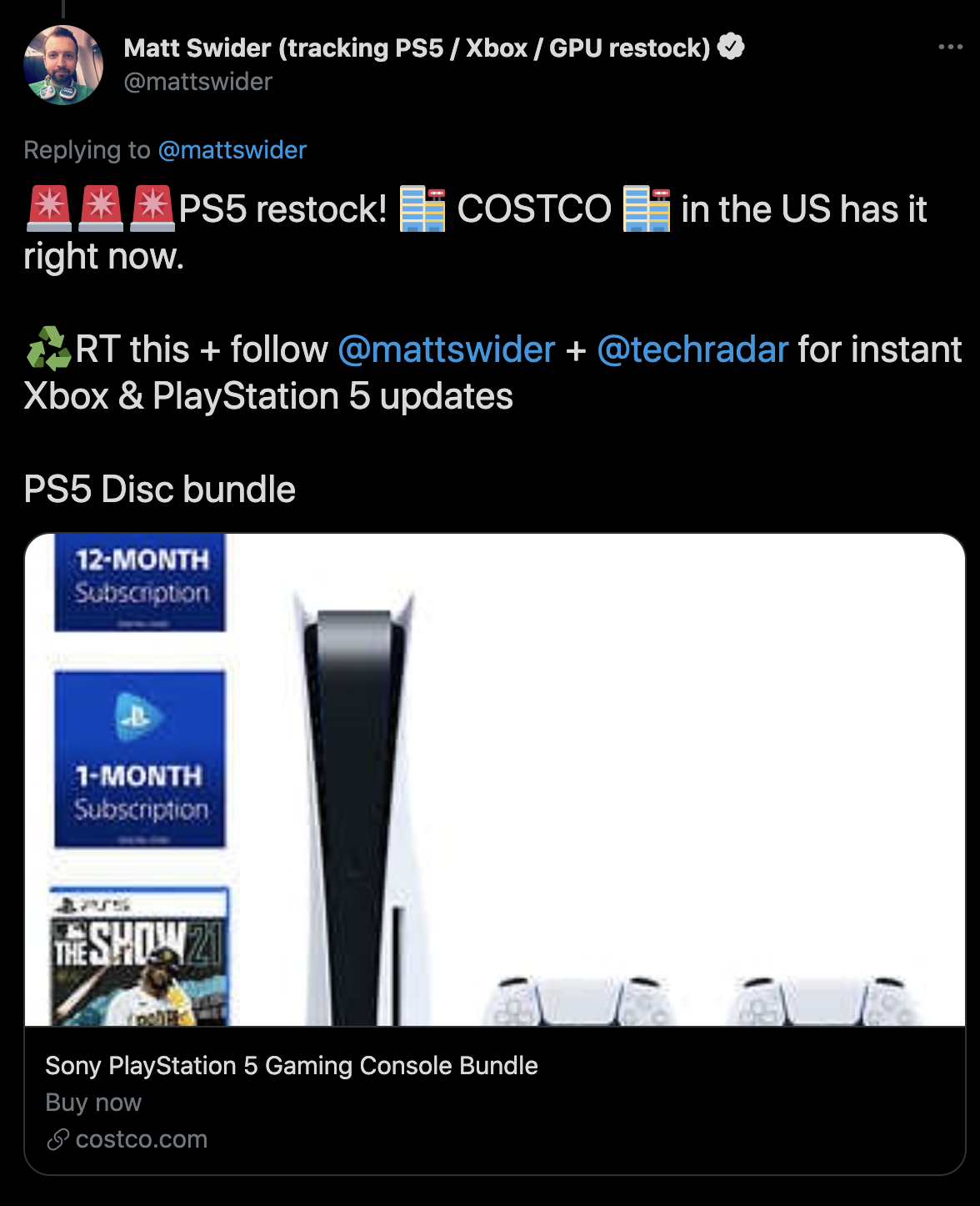 PS5 restock at Costco Twitter alert