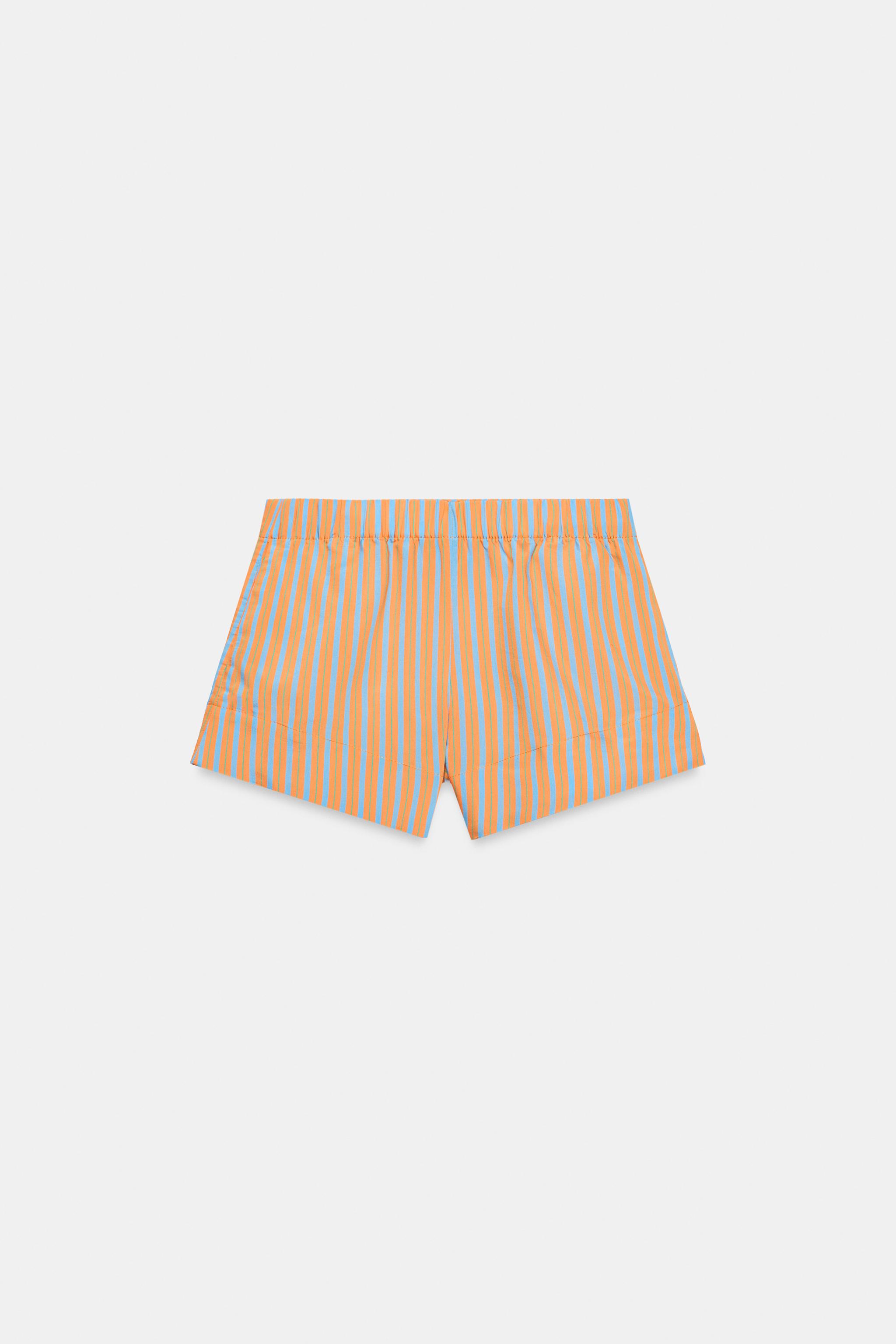 Striped Poplin Shorts - Orange - Xs
