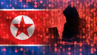 North Korean flag with a hooded hacker