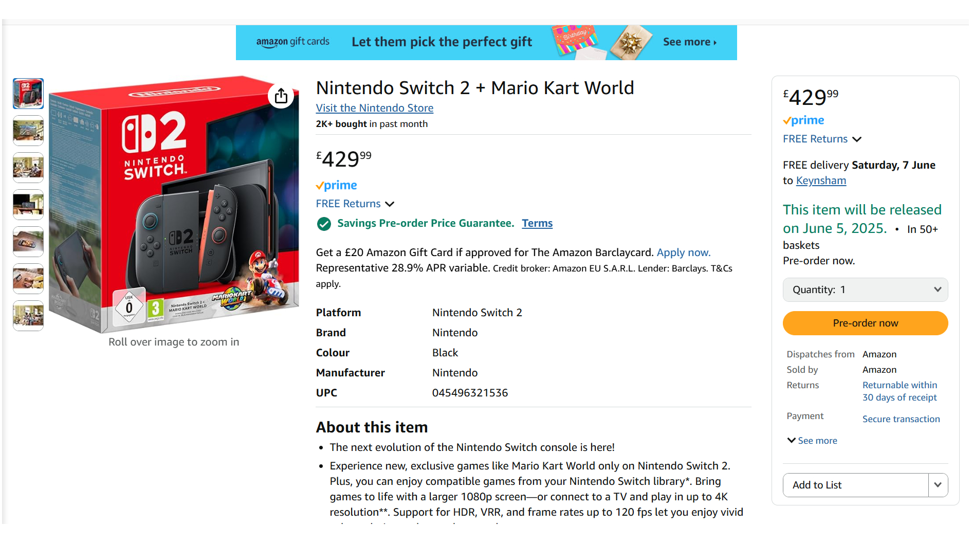 Amazon Switch 2 pre-orders