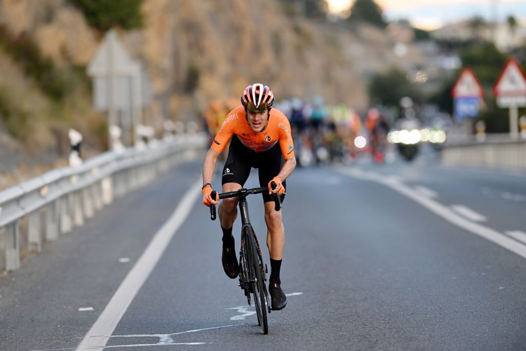 ALTEA SPAIN FEBRUARY 01 Joan Bou of Spain and Team Euskaltel Euskadi attacks in the breakaway during the 74th Volta a la Comunitat Valenciana 2023 Stage 1 a 1894km stage from Orihuela to Altea VCV2023 VoltaValenciana on February 01 2023 in Altea Spain Photo by Dario BelingheriGetty Images