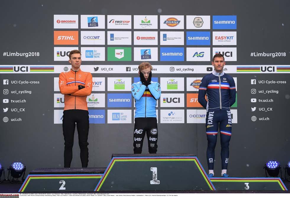 The U23 men's podium at the Cyclo-cross Worlds: Joris Nieuwenhuis (Netherlands), Eli Iserbyt (Belgium) and Yan Gras (France)