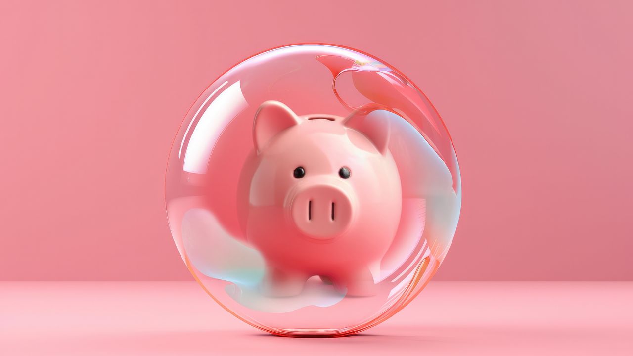 A piggy bank is enclosed in a protective bubble against a pink background.