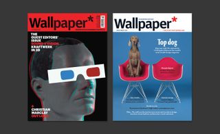 Two front covers for Wallpaper of man with 3D glasses and a dog