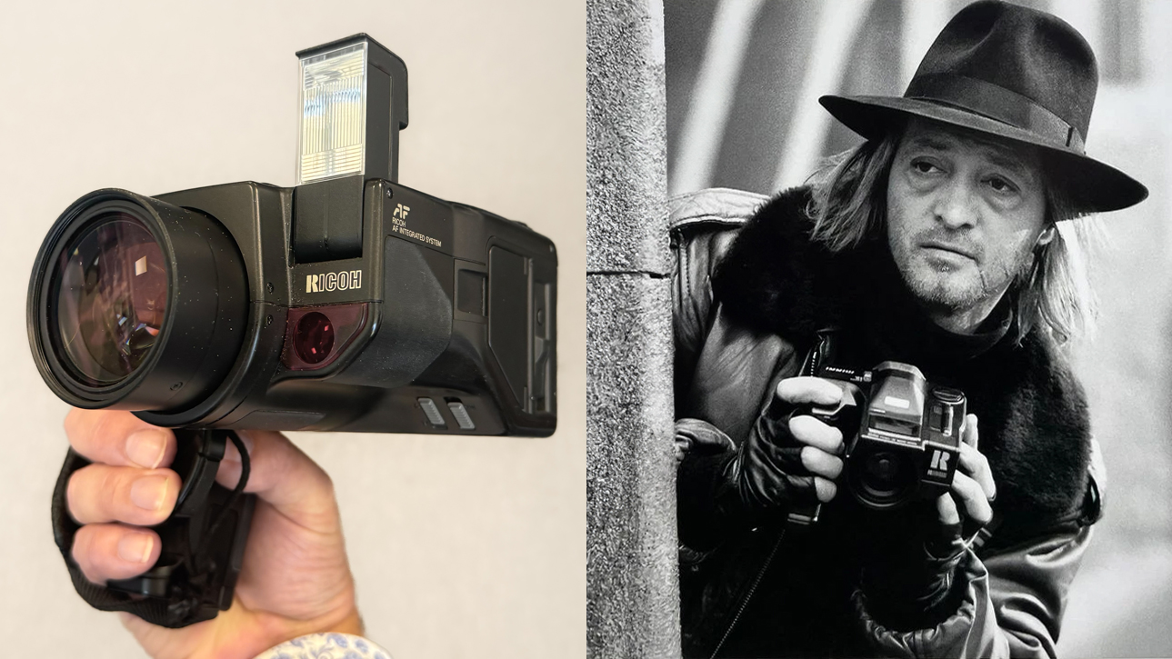 Movie still from Batman (1989) depicting Bob the Goon (Tracey Walter) holding the Ricoh Mirai camera