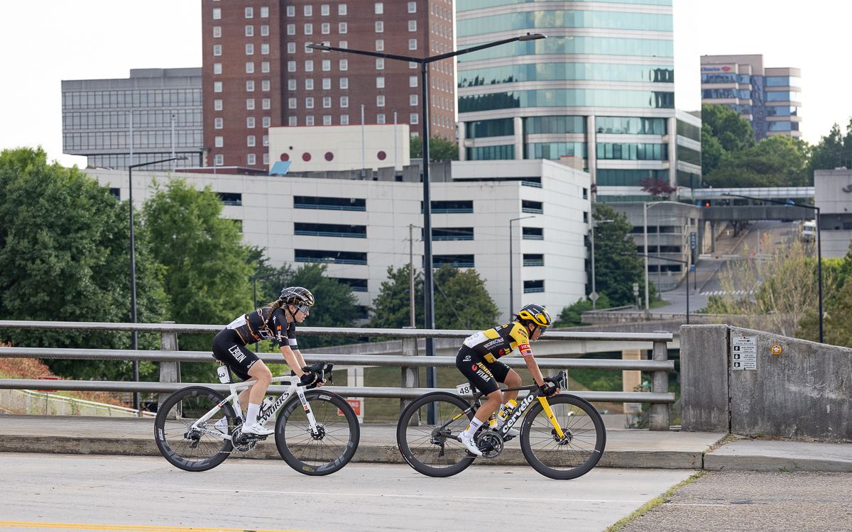 The women's race was dynamic with near constant attacks of one or two riders trying to escape the field. Here Coryn Labecki and Alexis Ryan (L39ION of Los Angeles) get a few meters of daylight from the field.