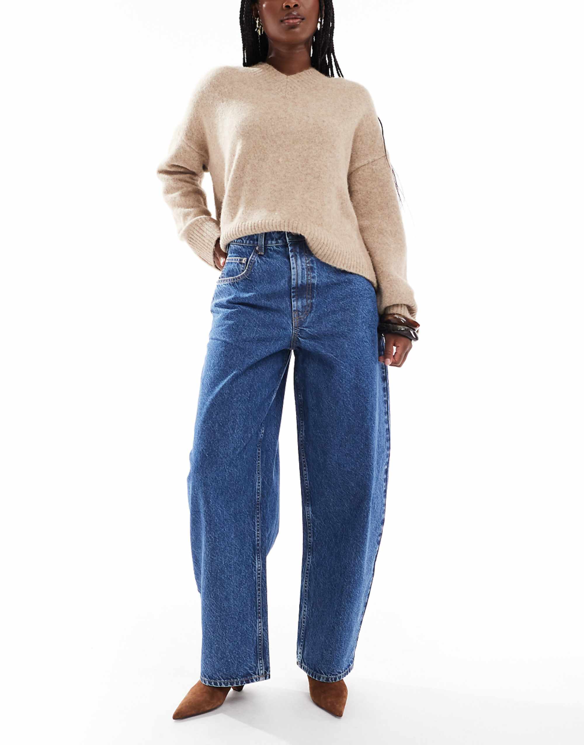 Asos Design High Waisted Barrel Jeans in Mid Blue