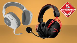 Corsair HS55 and HyperX Cloud Alpha wireless gaming headsets against a colored background, with a PC Gamer Recommended logo
