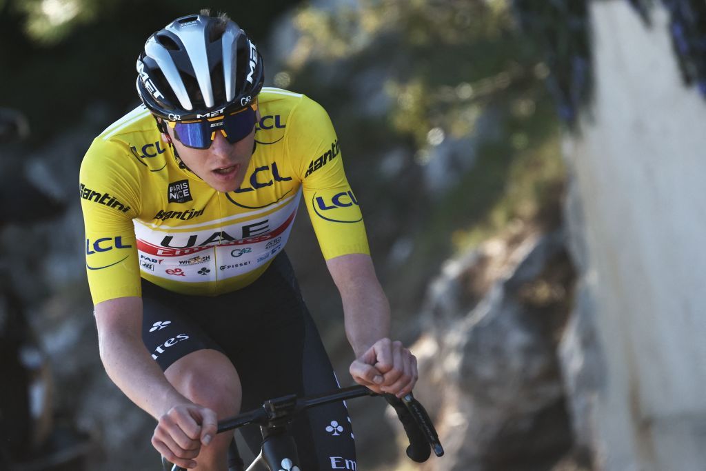 UAE Team Emirates Slovenian rider Tadej Pogacar wearing the overall leaders yellow jersey cycles in a solo leading breakaway during the 8th and final stage of the 81st Paris Nice cycling race 1175 km between Nice and Nice southeastern France on March 12 2023 Photo by AnneChristine POUJOULAT AFP Photo by ANNECHRISTINE POUJOULATAFP via Getty Images