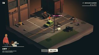 best Apple Arcade games: a woman and her dog next to a car in Overland, aliens are approaching