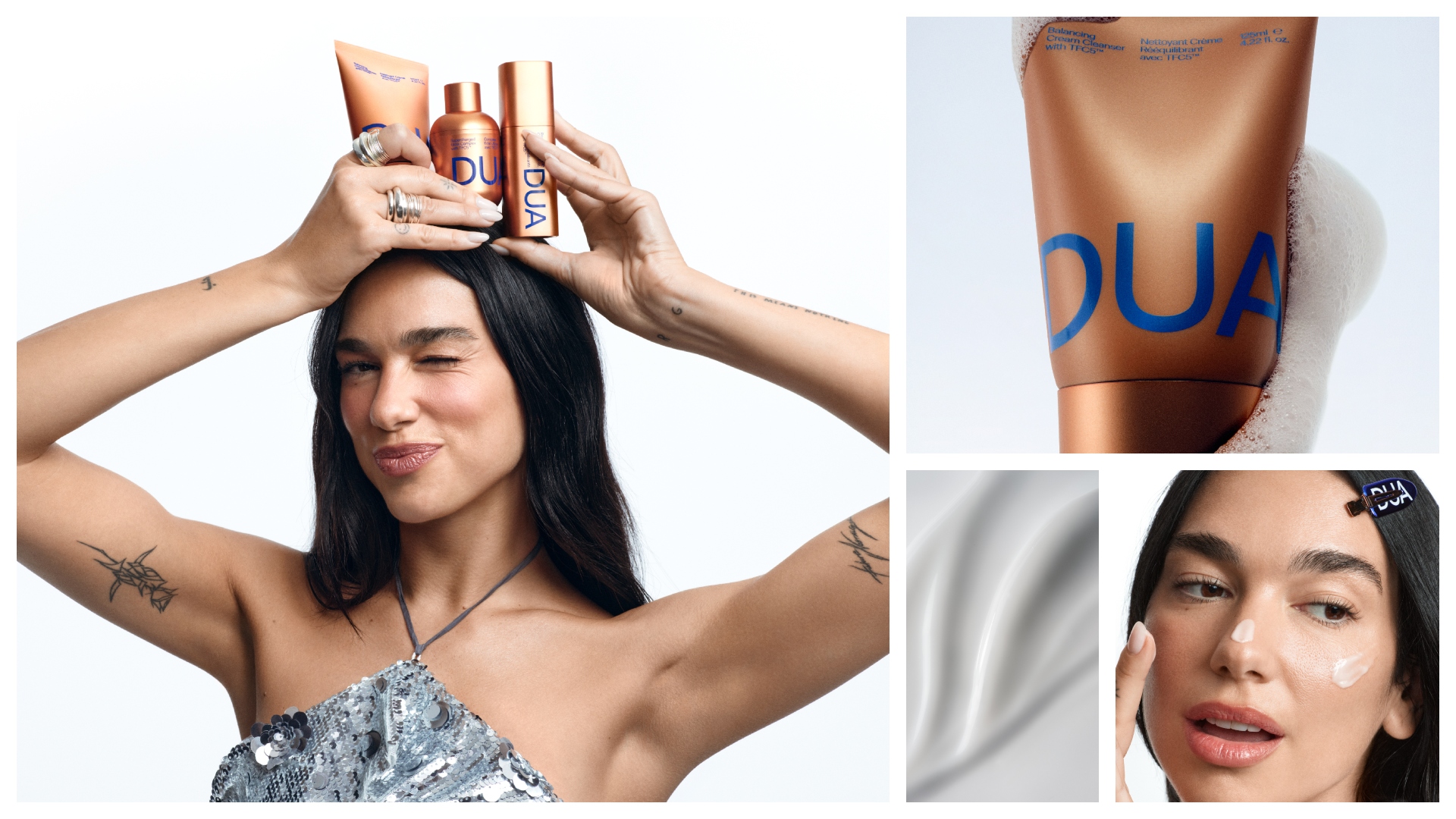 dua lipa holding dua skincare by augustinus bader on her head