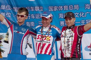 The stage five podium (L-r): Ivan Kovalev (2nd,Russian National Team), Kenny Van Hummel (1st,Skil-Shimano), and Jonathan Cantwell (3rd,Fly V Australia).