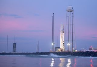 Northrop Grumman's Antares rocket, which will launch on Nov. 2, 2019, stands on launch Pad-0A on Wednesday, Oct. 30, 2019 at NASA's Wallops Flight Facility in Virginia.