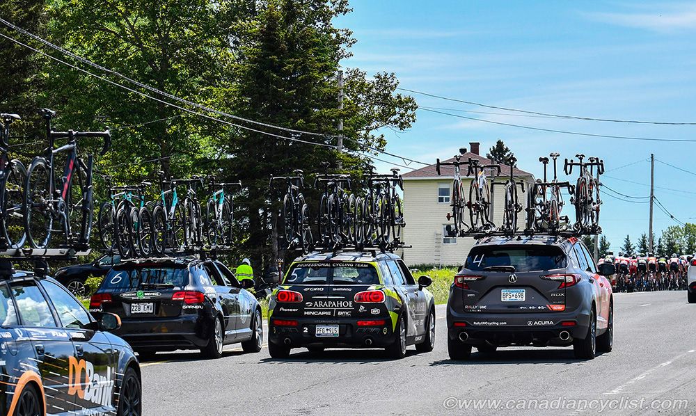 Hincapie, Floyds and Rally DS's hold a conference to decide when to start chasing during stage 1 at Tour de Beauce