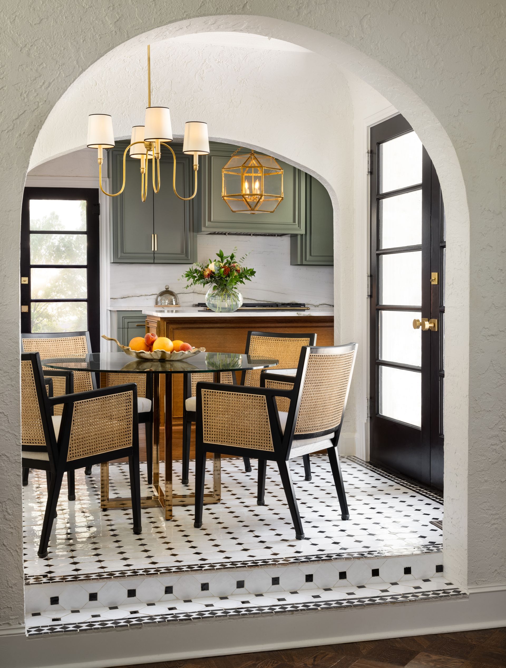 A billiard style lighting above the dining