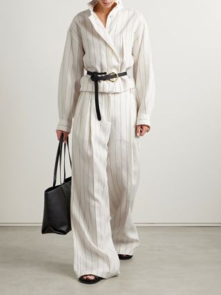 ANOTHER TOMORROW, + Net Sustain Pleated Pinstriped Linen Wide-Leg Pants