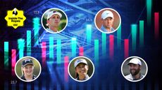 Main image of a generic stocks graphic with five inset headshots of Lottie Woad (bottom left), David Puig (upper left), Jeeno Thitikul (bottom centre), Rory McIlroy (upper right) and Scottie Scheffler (bottom right)