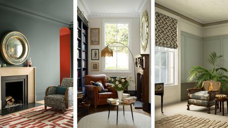 Three looks from Benjamin Moore's AW26 colour trends collection, including a blue spruce and red painted living room, a reading nook with white walls, and a living room with a blue and cream palette.
