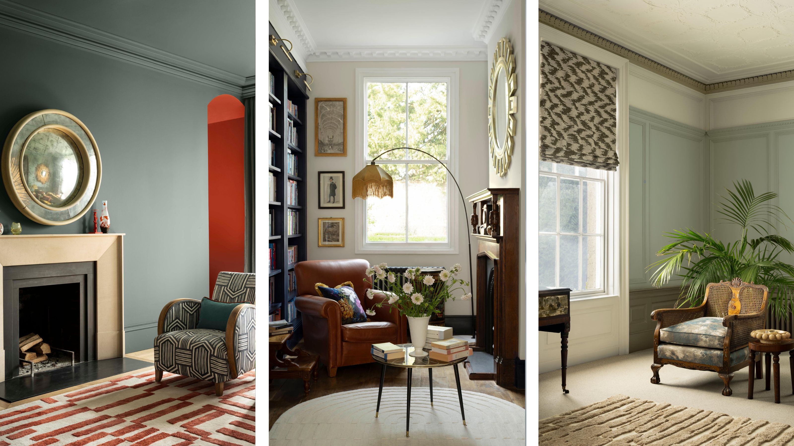 Three looks from Benjamin Moore's AW26 colour trends collection, including a blue spruce and red painted living room, a reading nook with white walls, and a living room with a blue and cream palette.