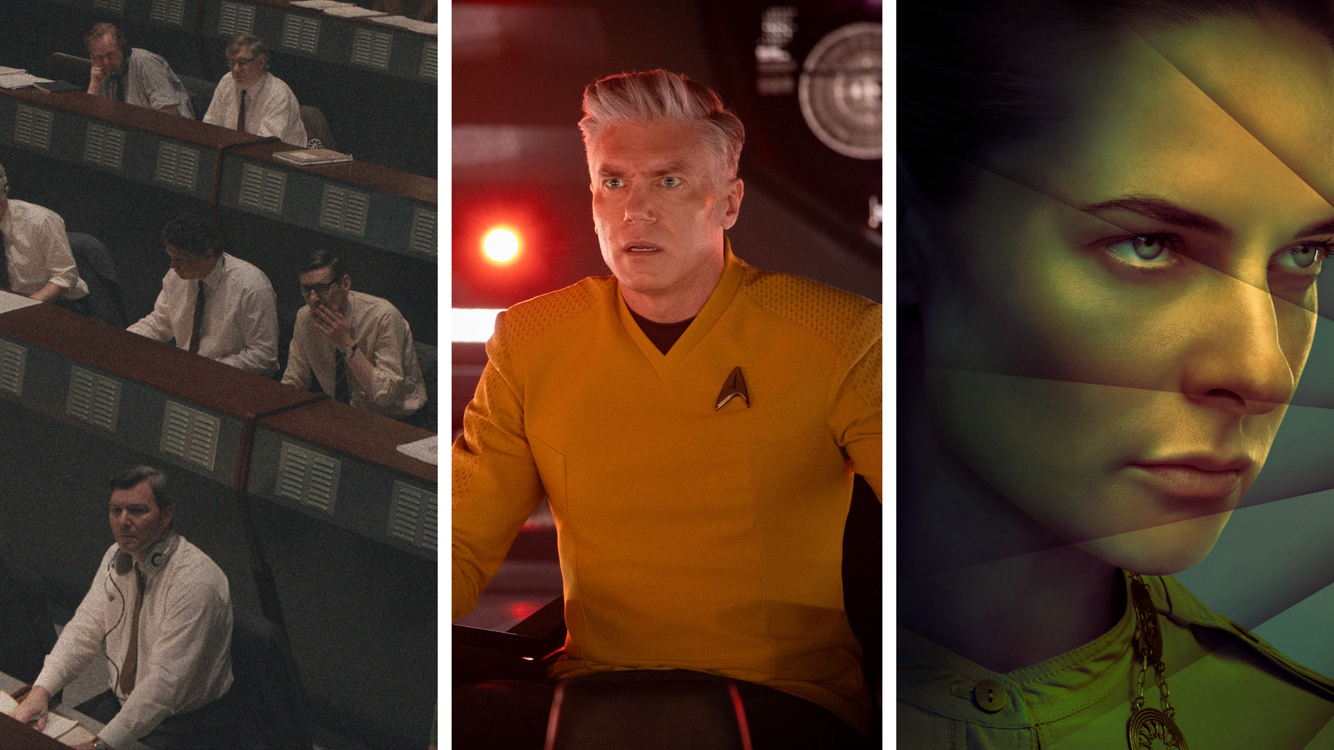 A split image showing three upcoming sci-fi shows: Star City, Star Trek: Strange New Worlds, and Silo