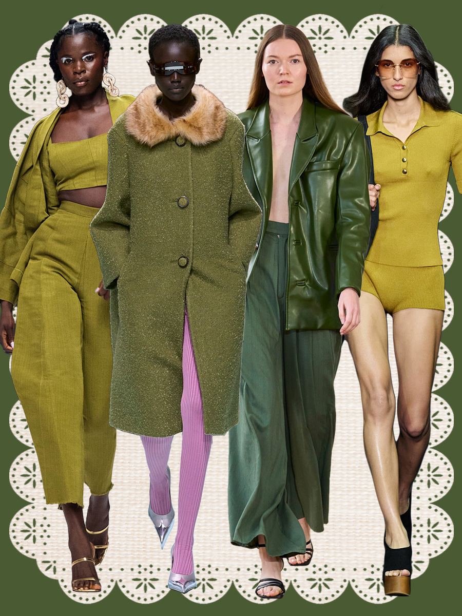 Runway collage of models wearing the olive green 2025 color trend.