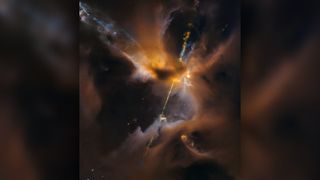 A newborn star shoots twin jets out into space from the Orion B molecular cloud complex, located about 1,350 light-years from Earth. High-energy clumps of superheated dust and gas surrounding newborn stars are known as Herbig-Haro objects (this one is called HH-24), and they are among JWST's targets for observation.