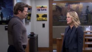 Nick Offerman and Amy Poehler trapped in the office on Parks and Recreation