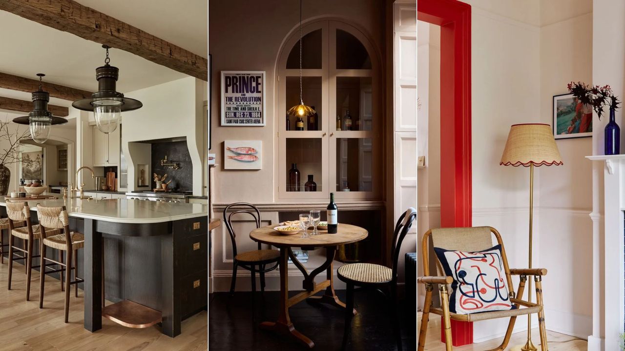 Triptych of the best interior design trends 2025. Far left: modern rustic kitchen with wood beams, industrial ceiling lights, wood flooring, cream walls and gray island with marble counter. Middle: Dusty pink dining area with built-in cabinet with glass doors, small round table with two bistro-style chairs and modern wall art. Far right: Cream living room with white fireplace, rattan chair and floor lamp with red-trimmed lampshade and red painted door frame