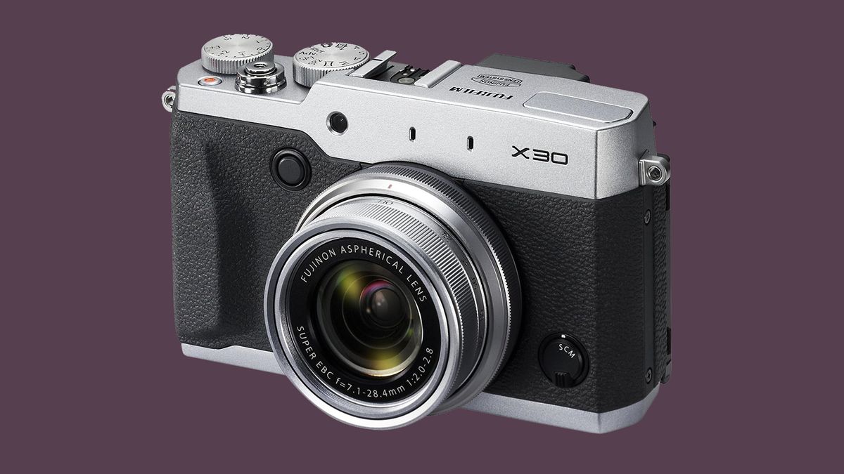 The Fujifilm X30 on a purple background