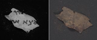 A fragment of Deuteronomy (right) next to the same fragment seen with infrared imagery (left).