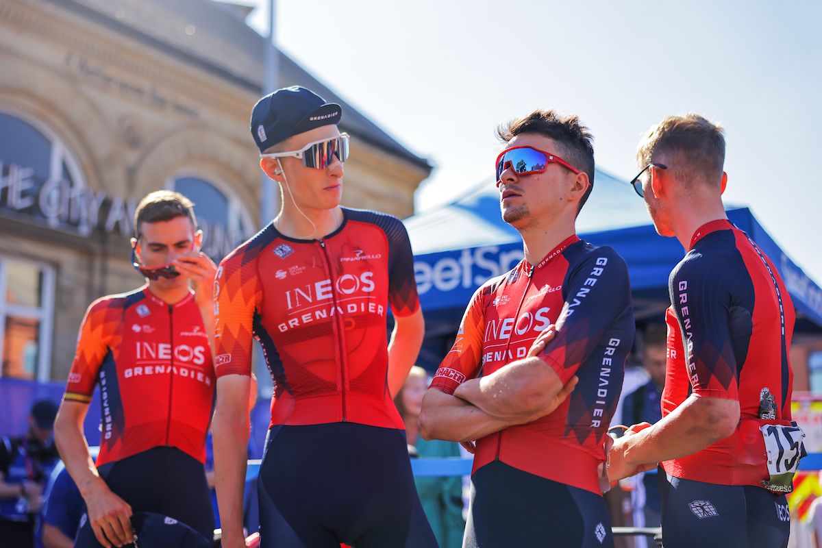 Picture by Alex Whitehead/SWpix.com - 03/09/2023 - Cycling - 2023 Tour of Britain - Stage 3: Google to Beverley (154.7km) - Tom Pidcock, Carlos Rodriguez, Luke Rowe, Connor Swift, Magnus Sheffield and Ben Turner of Team INEOS Grenadiers