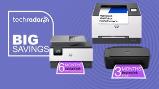 Three HP printers on a purple background next to a TechRadar badge that reads 'Big Savings'